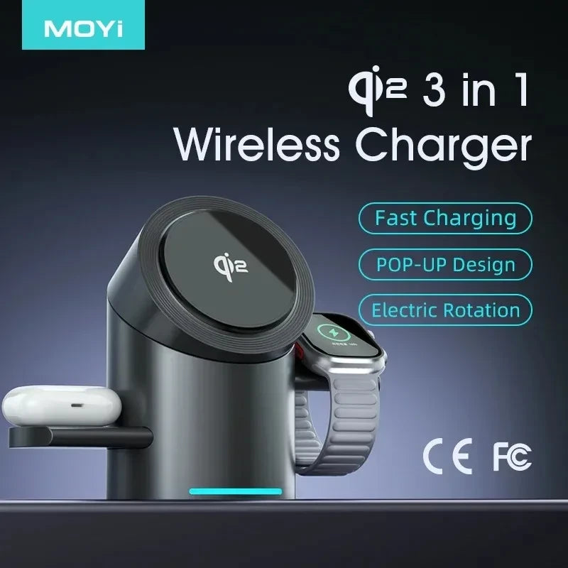 Qi2 Magnetic Wireless Charging Stand – 3-in-1 Fast Charger